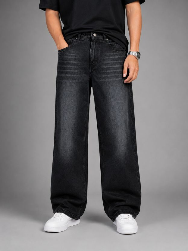 AJJ Men Baggy Fit Mid Rise Black Jeans - Image 1