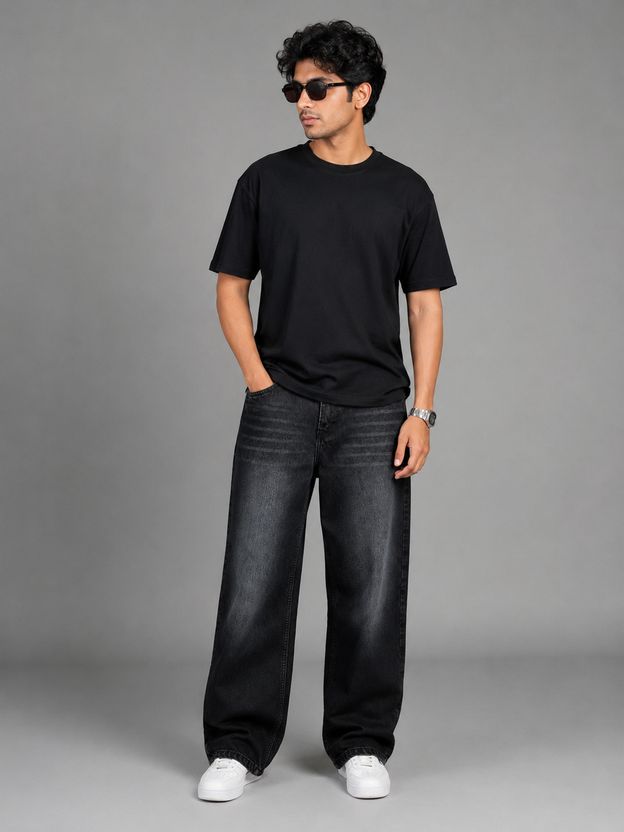 AJJ Men Baggy Fit Mid Rise Black Jeans - Image 6
