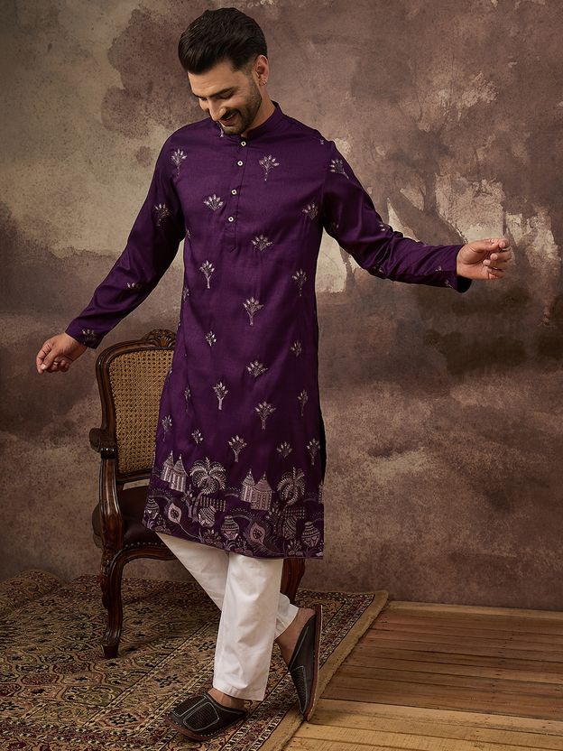 Ethnic Bay Embroidered Silk Blend Straight Kurta for Men (Purple) - Image 6