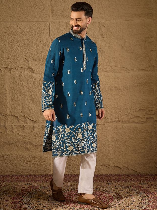 Ethnic Bay Embroidered Silk Blend Straight Kurta (Blue) - Image 5