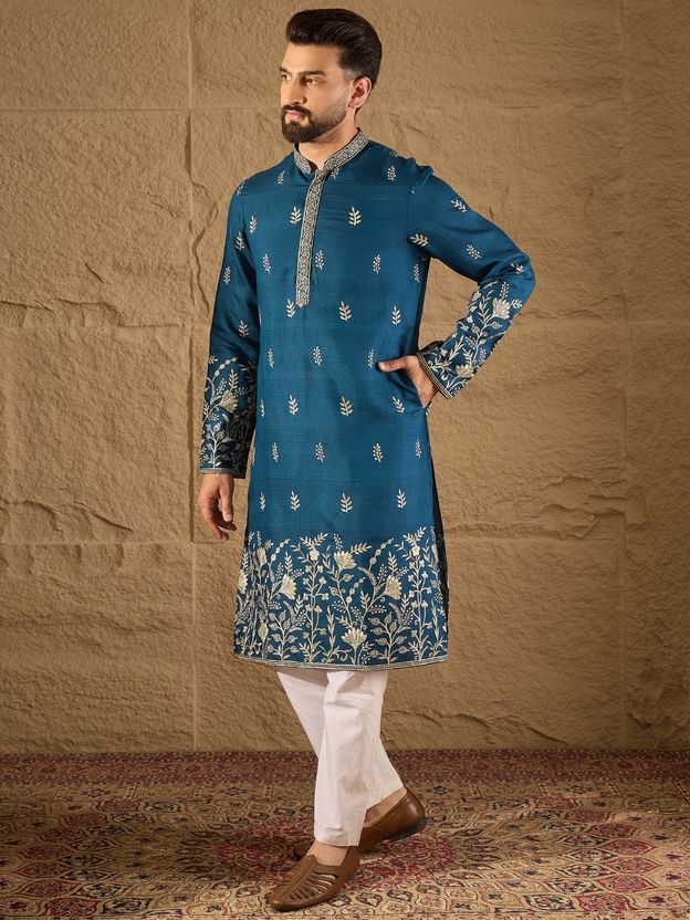 Ethnic Bay Embroidered Silk Blend Straight Kurta (Blue) - Image 6