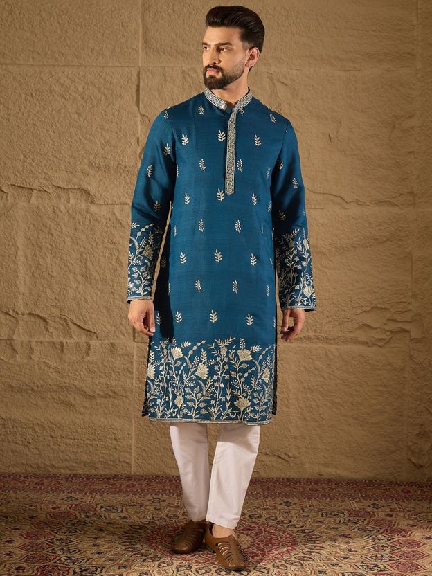 Ethnic Bay Embroidered Silk Blend Straight Kurta (Blue) - Image 2