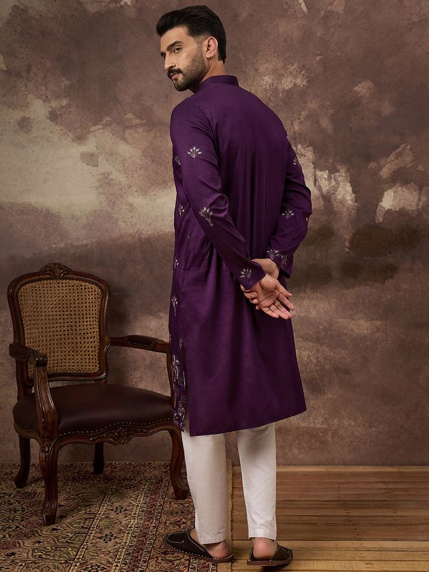 Ethnic Bay Embroidered Silk Blend Straight Kurta for Men (Purple) - Image 4