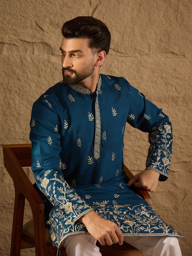 Ethnic Bay Embroidered Silk Blend Straight Kurta (Blue) - Image 1