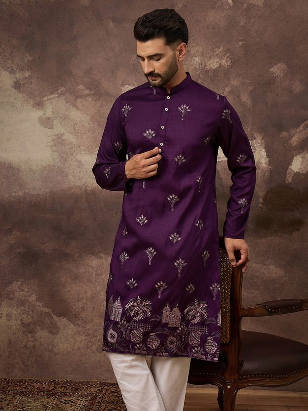 Ethnic Bay Embroidered Silk Blend Straight Kurta for Men (Purple) - Image 1