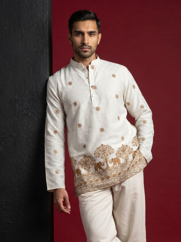 Jompers Embroidered Cotton Blend Tunic Kurta for Men (White) - Image 1