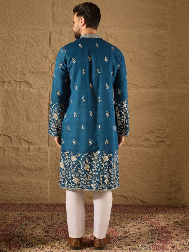 Ethnic Bay Embroidered Silk Blend Straight Kurta (Blue) - Image 4