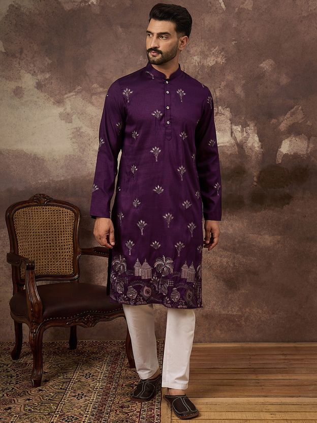 Ethnic Bay Embroidered Silk Blend Straight Kurta for Men (Purple) - Image 2