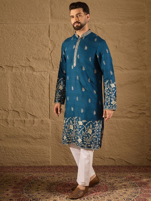 Ethnic Bay Embroidered Silk Blend Straight Kurta (Blue) - Image 3