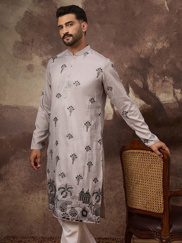 Ethnic Bay Embroidered Silk Blend Straight Kurta for Men (Purple) - Image 9