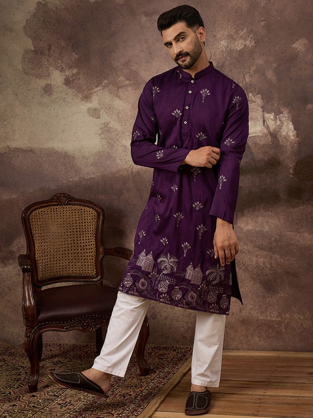 Ethnic Bay Embroidered Silk Blend Straight Kurta for Men (Purple) - Image 3