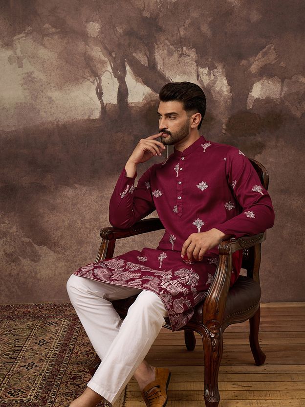 Ethnic Bay Embroidered Silk Blend Straight Kurta for Men (Purple) - Image 10