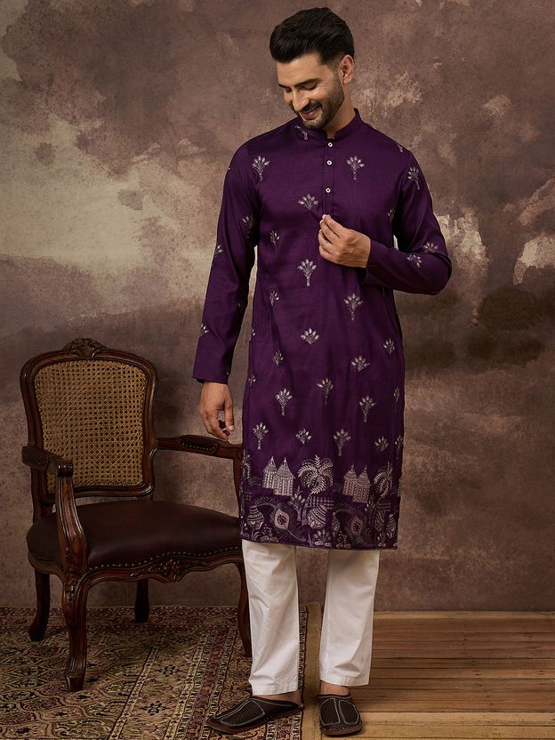 Ethnic Bay Embroidered Silk Blend Straight Kurta for Men (Purple) - Image 5