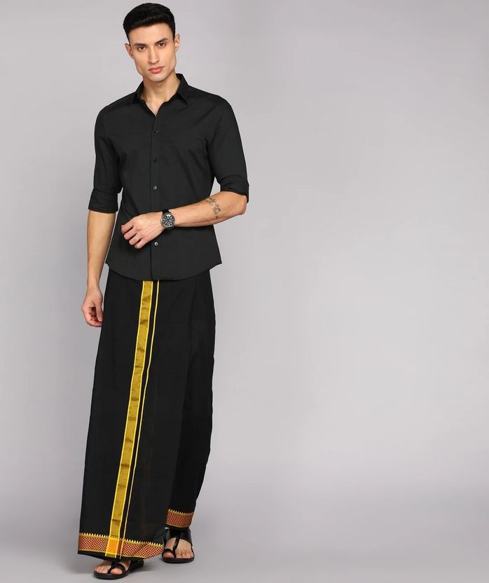 shershaan Solid Black, Gold Lungi - Image 5
