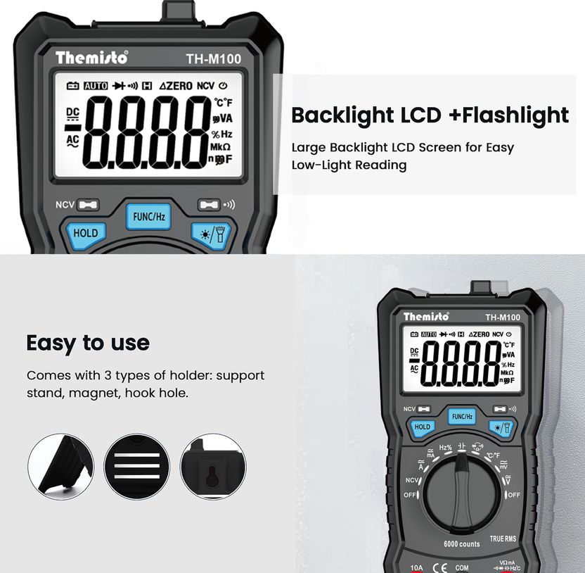 tHemiStO TH-M100 6000 Counts Autorange Digital Multimeter (Black) - Image 5