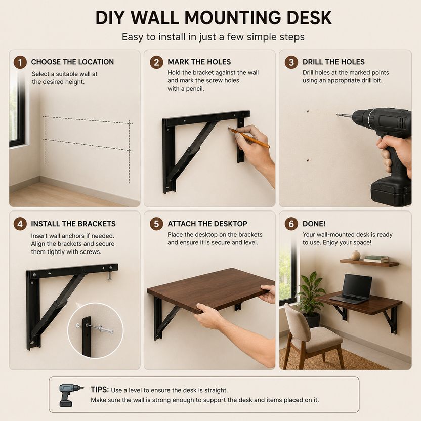 Malbro Foldable Wall Mounted Wooden Study Desk 60x40 cm - Image 7