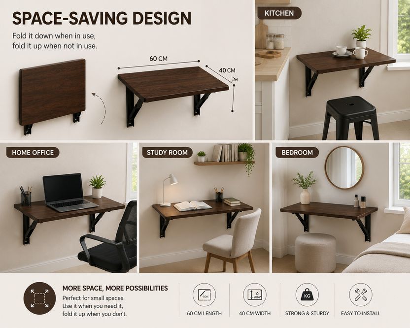 Malbro Foldable Wall Mounted Wooden Study Desk 60x40 cm - Image 6