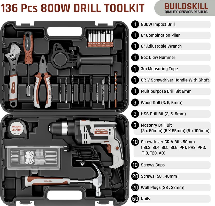 BUILDSKILL 800W Corded Impact Drill Kit - Image 4