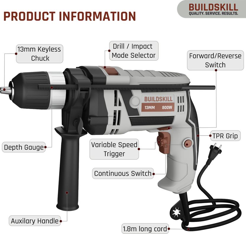BUILDSKILL 800W Corded Impact Drill Kit - Image 6