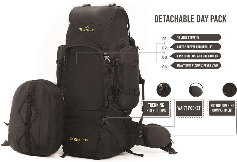 Tripole Colonel 95L Black Rucksack with Detachable Day Pack - Image 3