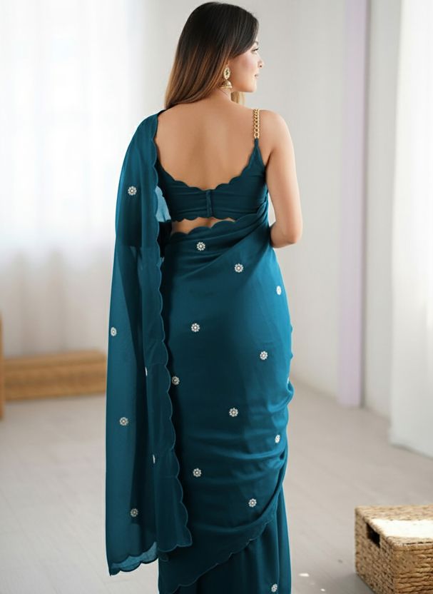 PATBRO Embroidered Georgette Saree Blue - Image 2