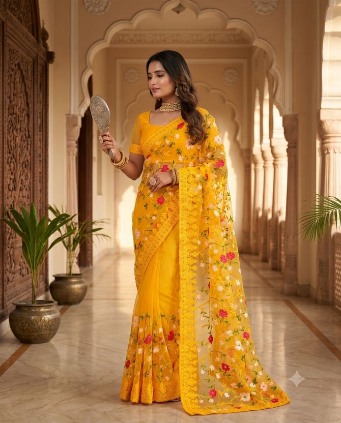 ORNITA Embroidered Bollywood Net Yellow Saree - Image 2