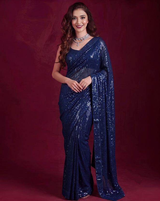 BALAJI TEXTILES एम्ब्रॉइडरेड बॉलीवुड आर्ट सिल्क साड़ी (नीला) - Image 10