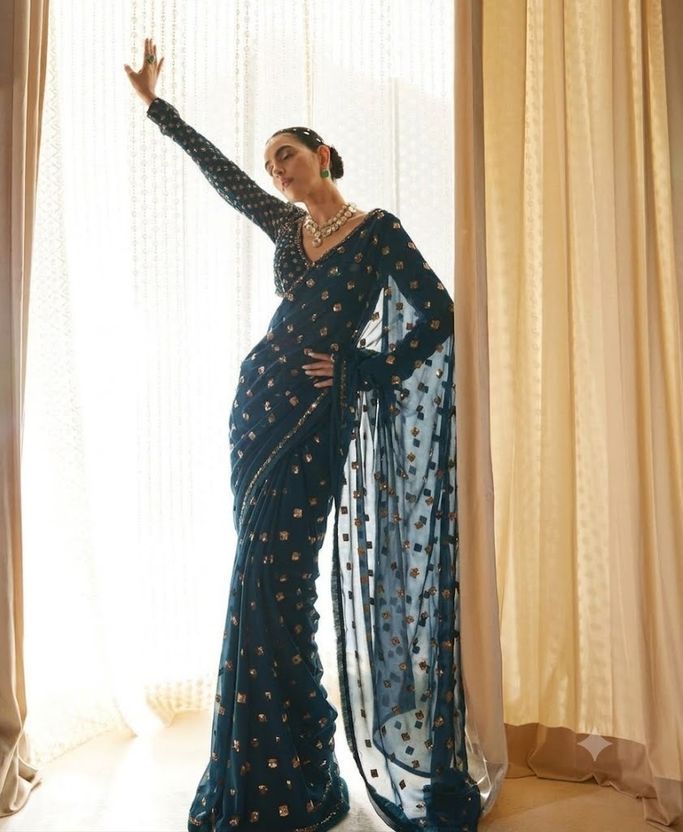 NAYRYN Embroidered Bollywood Georgette Saree Multicolor - Image 1