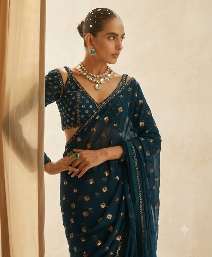 NAYRYN Embroidered Bollywood Georgette Saree Multicolor - Image 2