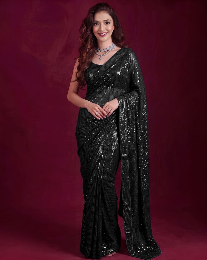 BALAJI TEXTILES एम्ब्रॉइडरेड बॉलीवुड आर्ट सिल्क साड़ी (नीला) - Image 9