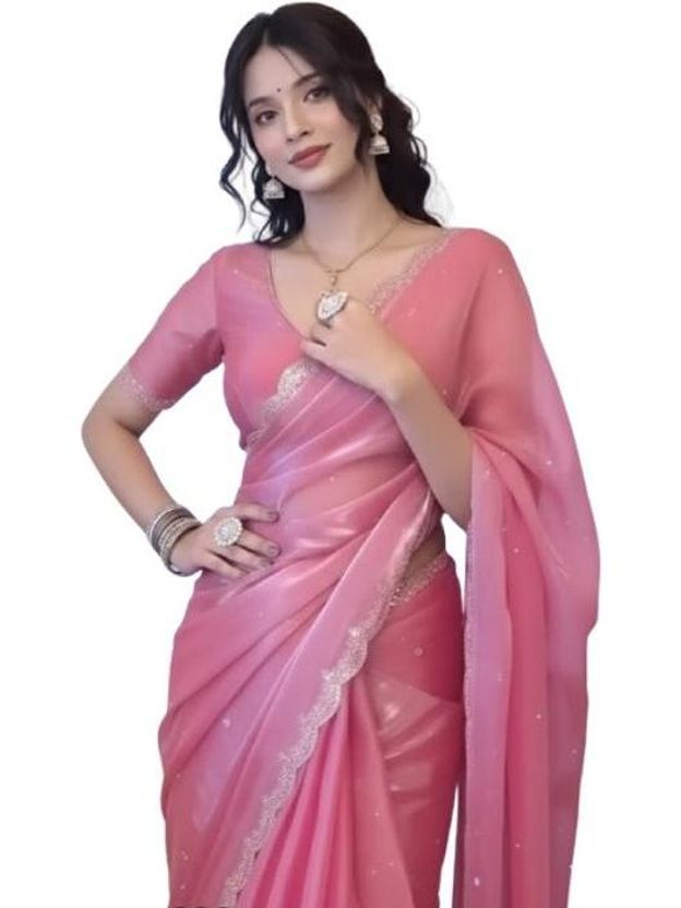 SPIRISA Ethinic Bollywood Organza Saree Pink - Image 1