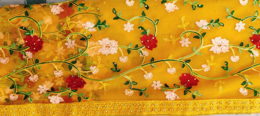 ORNITA Embroidered Bollywood Net Yellow Saree - Image 7