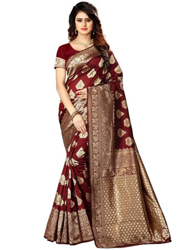 Shoppershopee Woven Kanjivaram Silk Blend Saree (Maroon) - Image 1