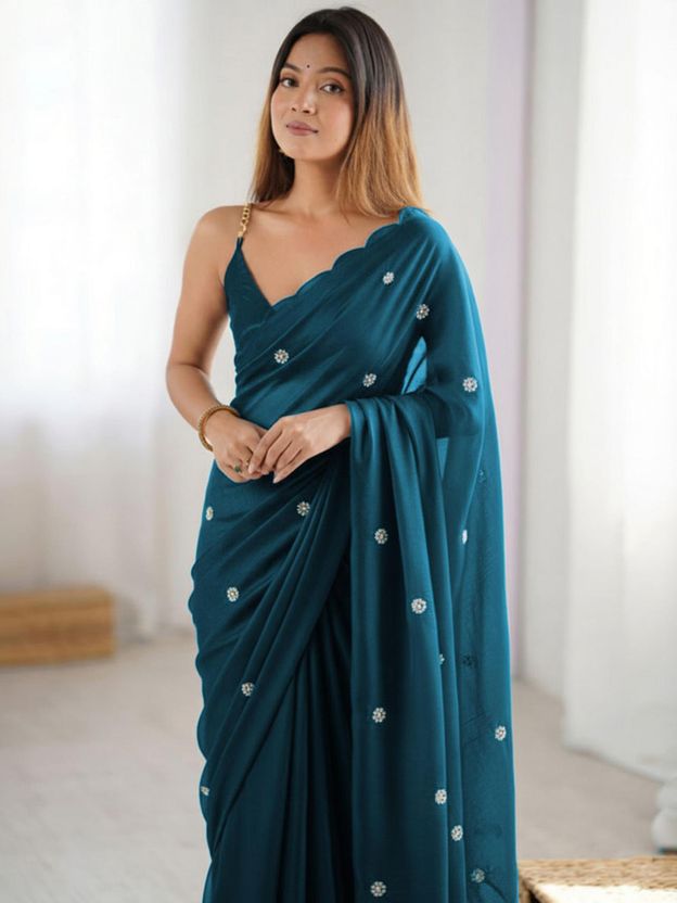 PATBRO Embroidered Georgette Saree Blue - Image 1