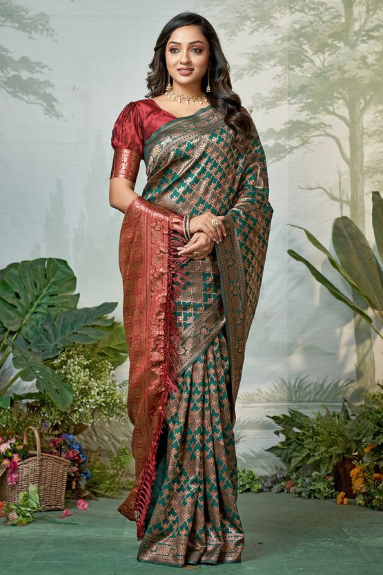 SURUKH Woven Banarasi Jacquard Silk Blend Saree (Multicolor) - Image 10