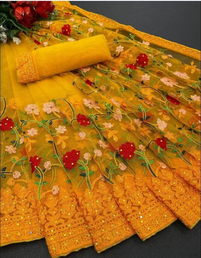 ORNITA Embroidered Bollywood Net Yellow Saree - Image 4