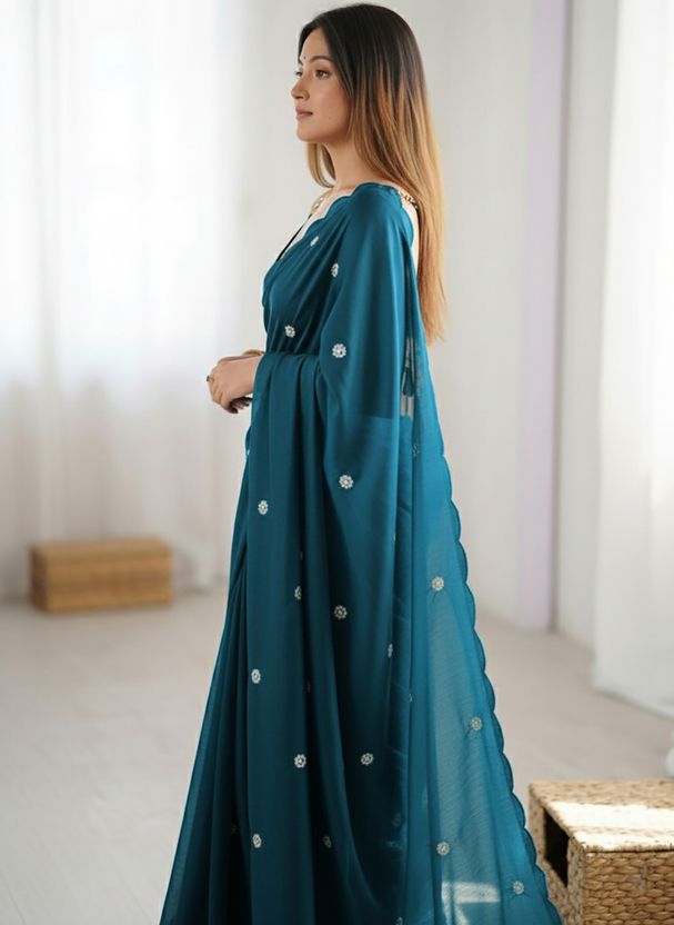 PATBRO Embroidered Georgette Saree Blue - Image 3