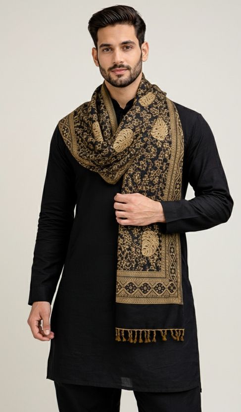 Noorfabric Poly Wool Printed Men Shawl Black - Image 2