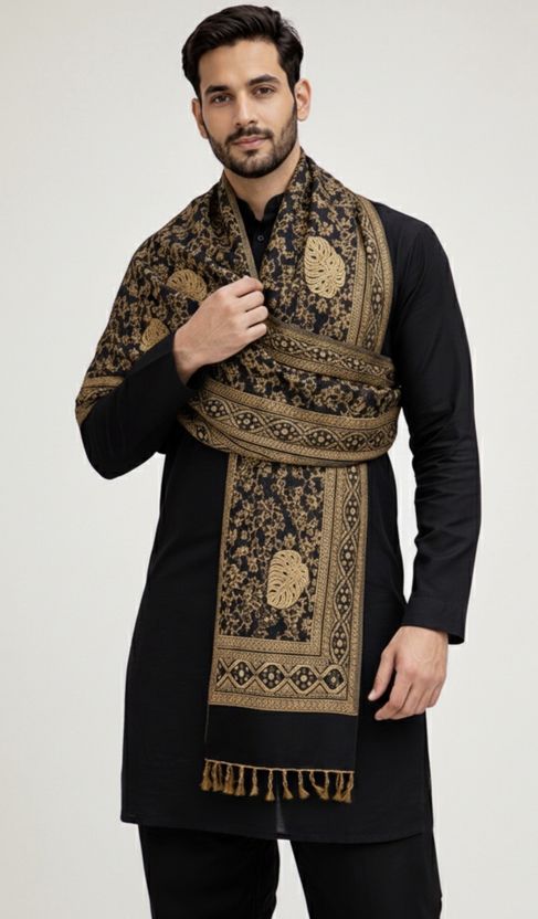 Noorfabric Poly Wool Printed Men Shawl Black - Image 3