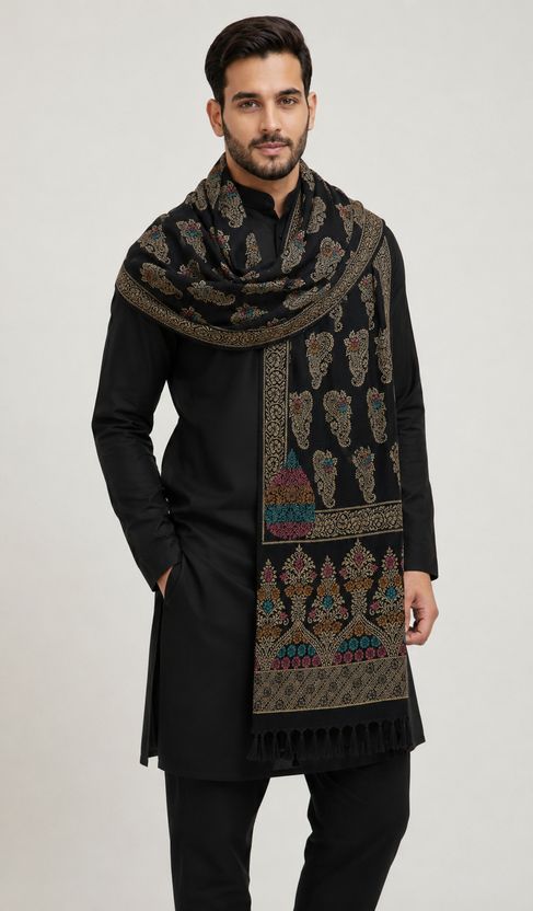 Noorfabric Poly Wool Printed Men Shawl Black - Image 5