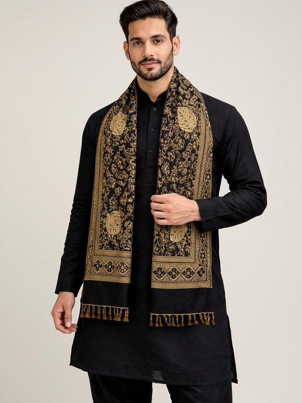 Noorfabric Poly Wool Printed Men Shawl Black - Image 1