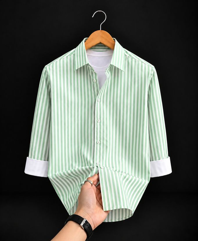 CAMBREEN Men Green Striped Casual Shirt - Image 1