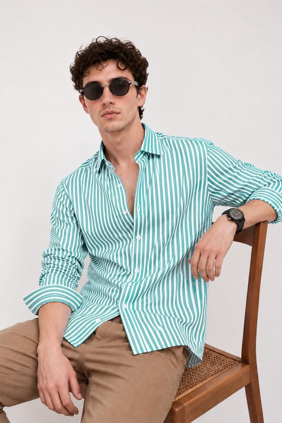 CAMBREEN Men Green Striped Casual Shirt - Image 4