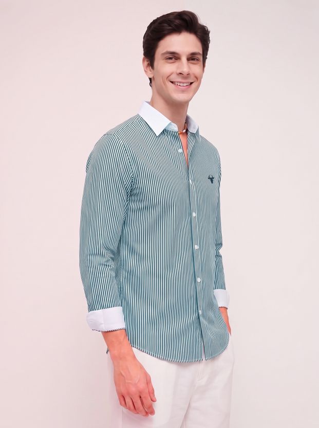 vdlooks Men Striped Casual Green, White Shirt - Image 2
