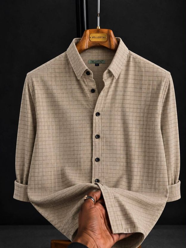 VELLOSTA Men Beige Checkered Shirt - Image 1