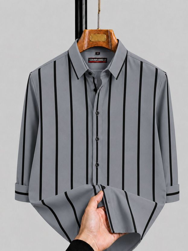 mozero Men Striped Casual Grey, Black Shirt - Image 2