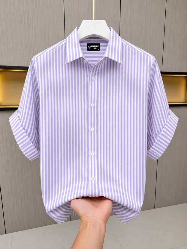 Marmic Fab Men Striped White, Purple Shirt - Image 1