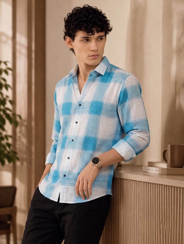 ZONANZA Men Checkered White, Blue Shirt - Image 3