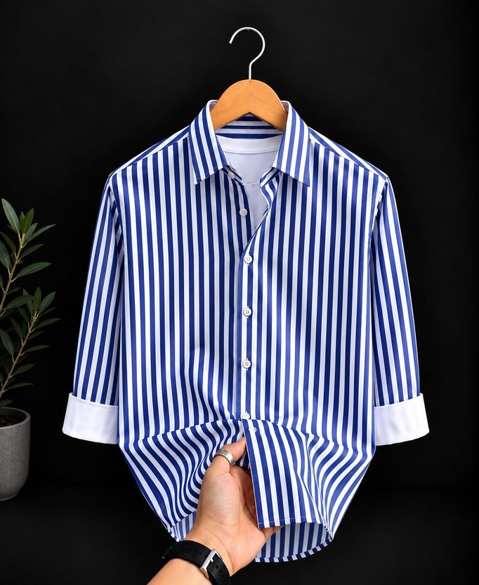 CAMBREEN Men Green Striped Casual Shirt - Image 7