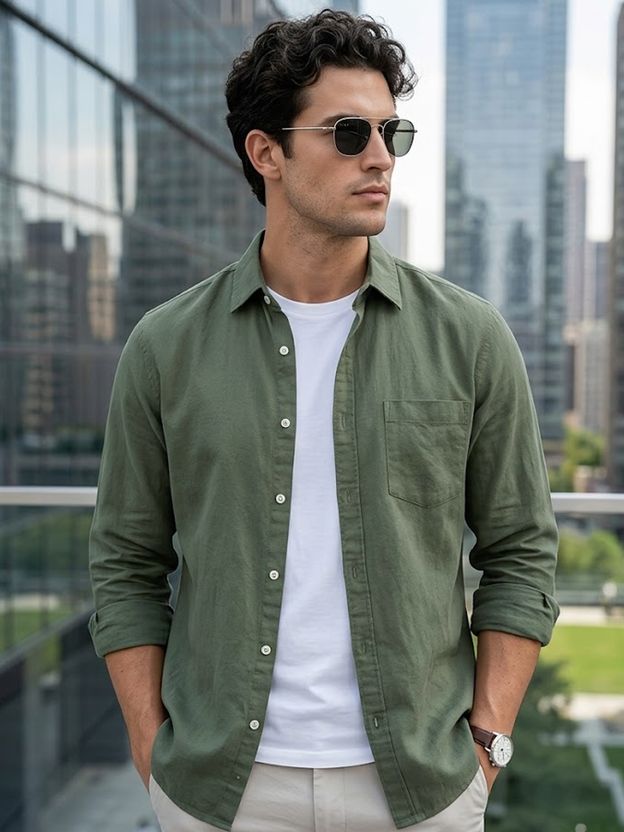 Urbano Men Green Solid Casual Shirt - Image 1